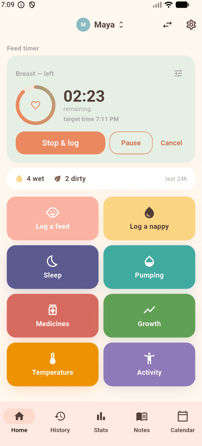 Sprout Bubba home screen with quick logging buttons