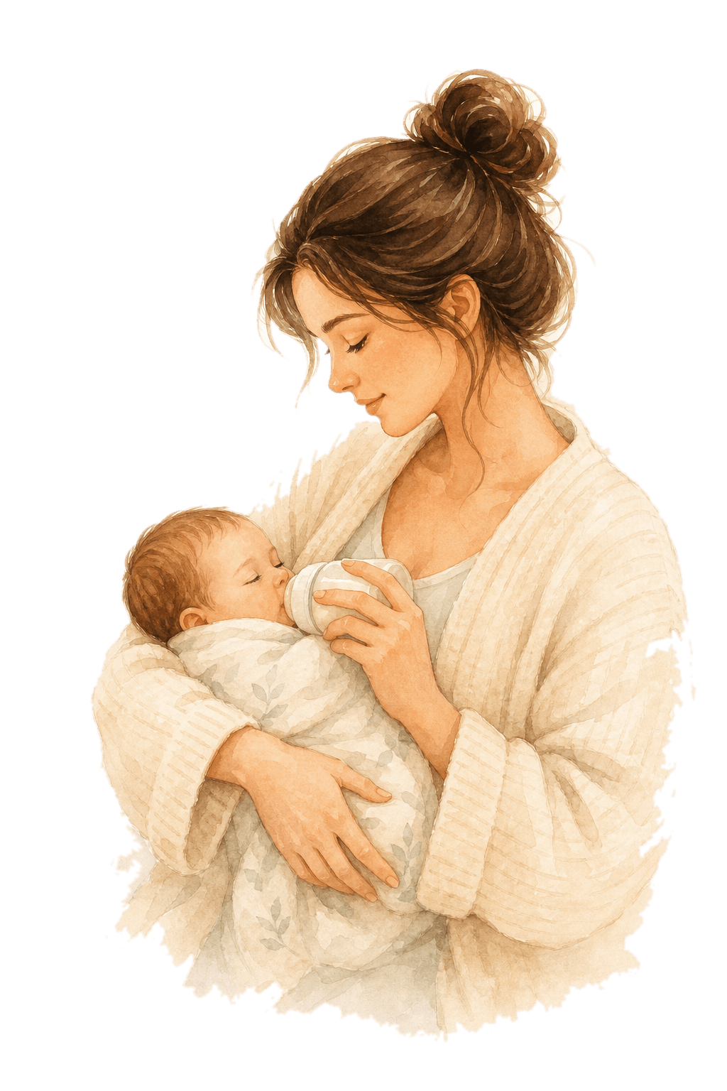 A watercolor illustration of a mother bottle-feeding her baby